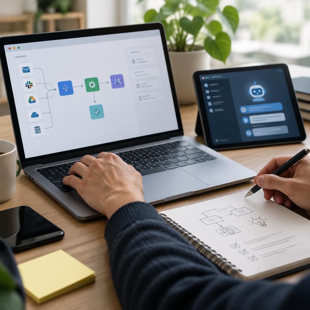 Illustration : un schéma d’automatisation à l’écran et des notes de processus dessinées dans un carnet