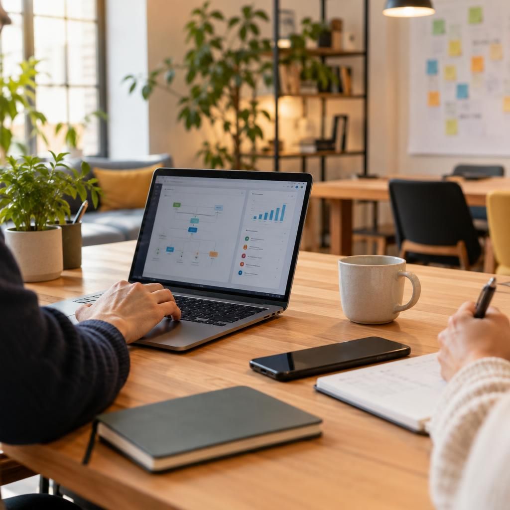 Illustration : un ordinateur portable affichant un schéma de processus sur une table de travail